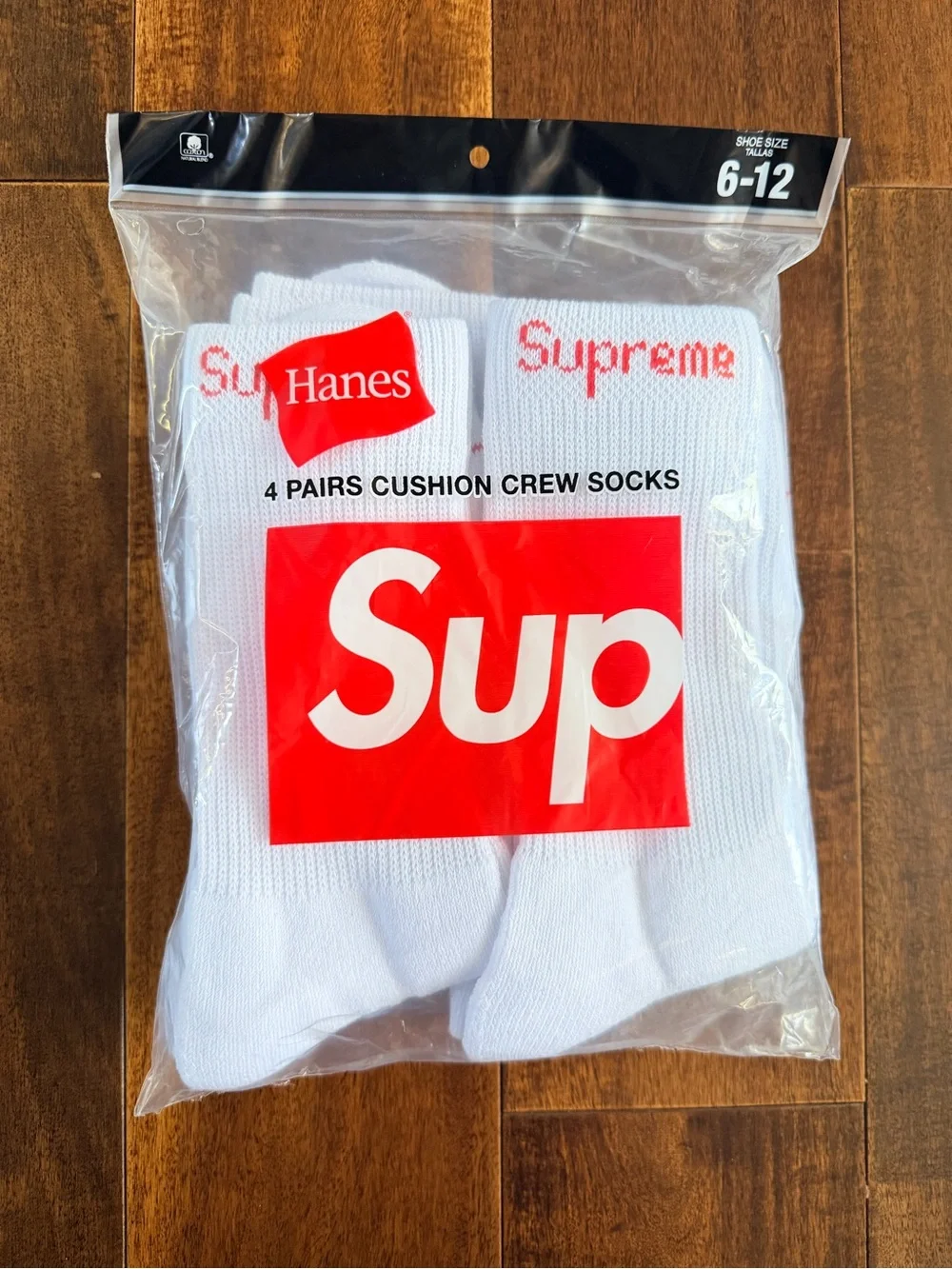 Supreme White Crew Socks with Red Logo - 4 Pack